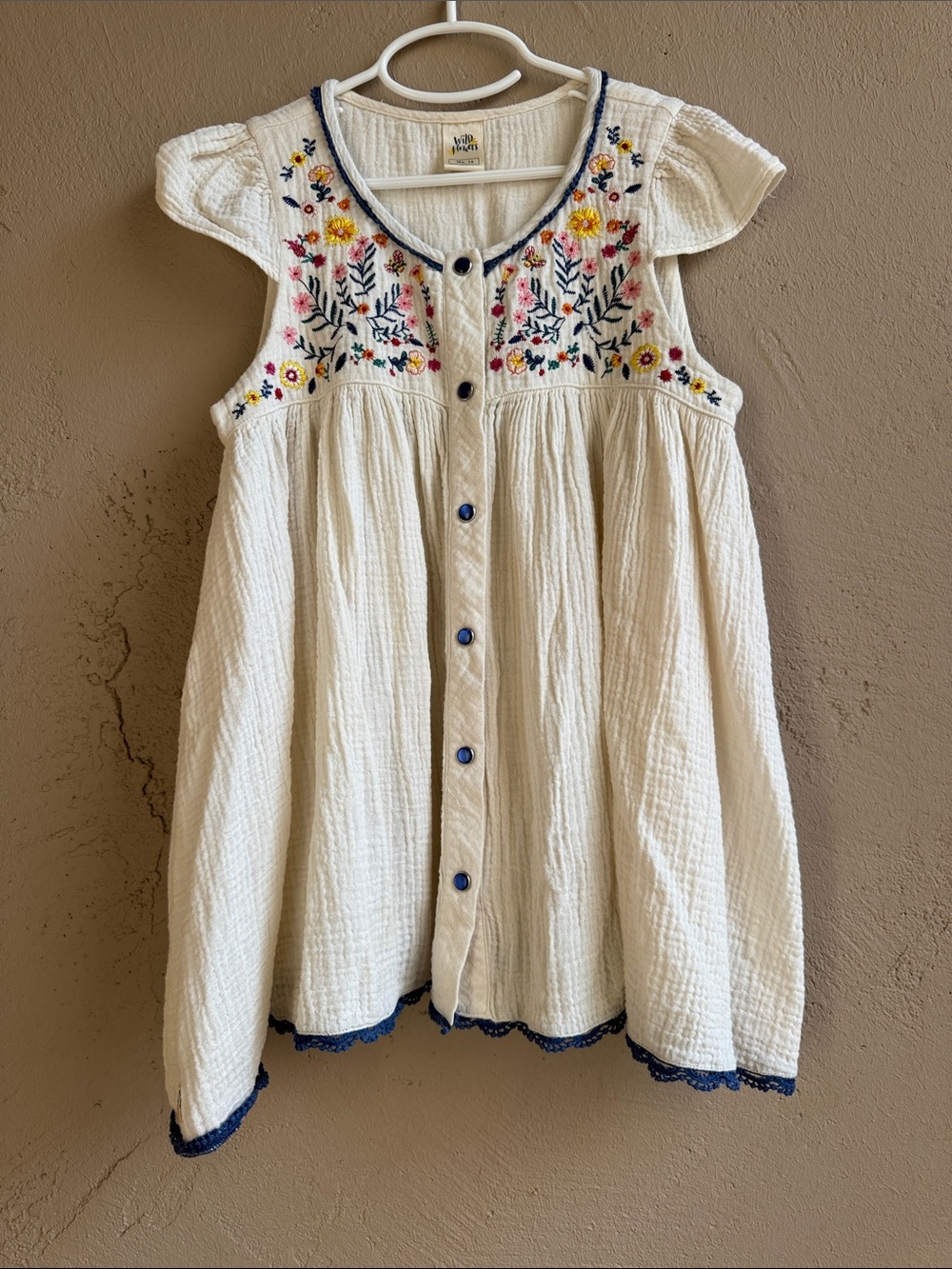 Wildflowers Cream Button-Front Embroidered Girls' Top with Navy Trim